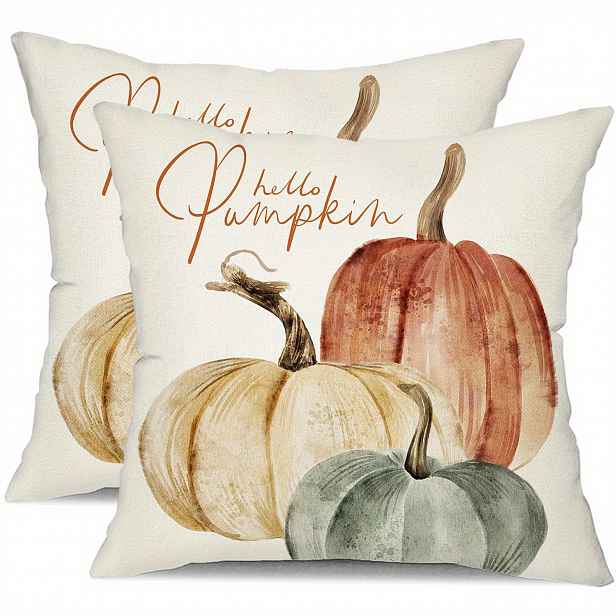 TEMU 2 ks, Krátké plyšové povlaky na polštáře, Podzimní dekorace Dýně Hello Pumpkin Bílý podzimní venkovní povlak na polštář, 18 x 18 palců,