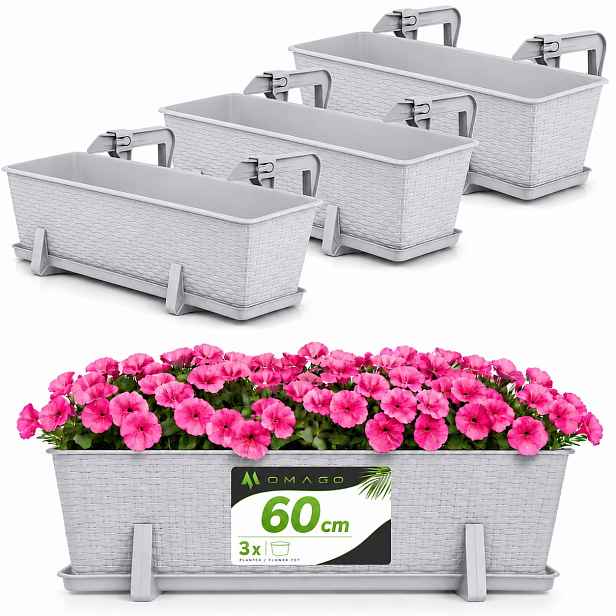 3x Balkonový Truhlík Květináč 60 cm S Úchytkami Šedá Sada