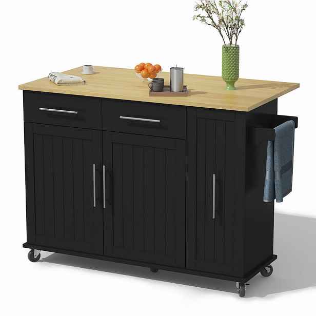 Modfu KUCHYŇSKÝ ostrůvek z MDF 120x40(65)x90 cm černá/přírodní s výklopnou deskou, kolečky a výsuvným organizérem
