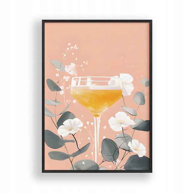 Obraz Koktejl s květinami Drink Plakát Rámeček Dřevěný Černý 30x42 cm