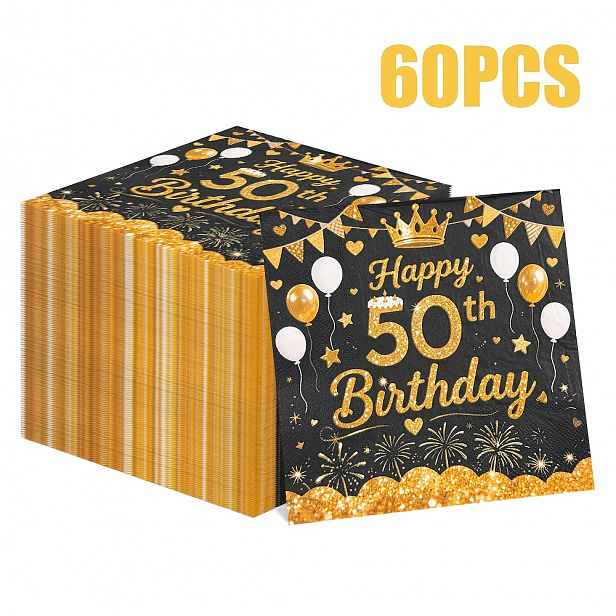 TEMU 60 ks jednorázových papírových ubrousků pro oslavu narozenin s slavnostního balónku a nápisem "Happy 50Th Birthday", rozměry 13 x 13 palců