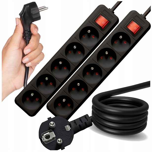 Prodlužovací Kabel Zásuvková Lišta 5 Zásuvek 16A 230V 1,5M 2 Ks