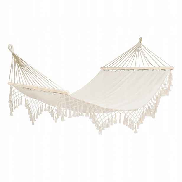 Zahradní houpací síť na rámu, pevná, s třásněmi, Boho béžová, krémová, pohodlná