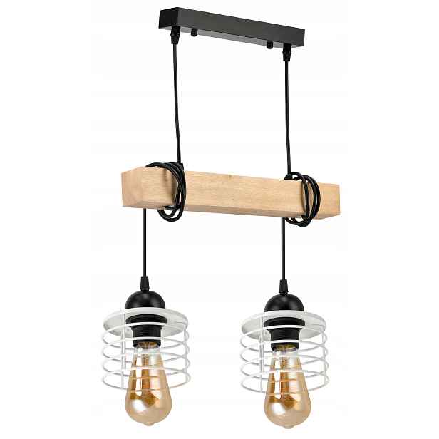 Závěsná Led lampa Dřevo Svítidlo 2x E27 Lustr Pružina Bílá