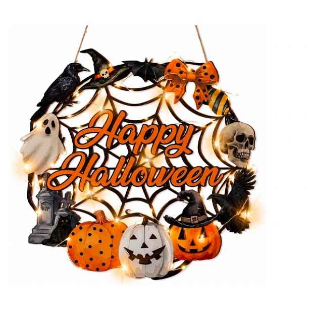 Halloweenský Věnec Na Dveře 29 CM Dřevěný Led 20 Diod Dekorace
