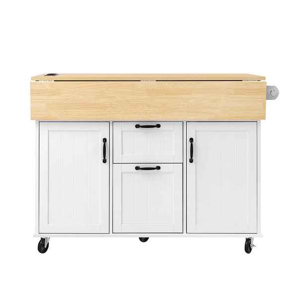 Modenvie KUCHYŇSKÝ ostrůvek z MDF, 120/40–80/92 cm, bílý/přírodní, sklápěcí s kolečky a zásuvkami