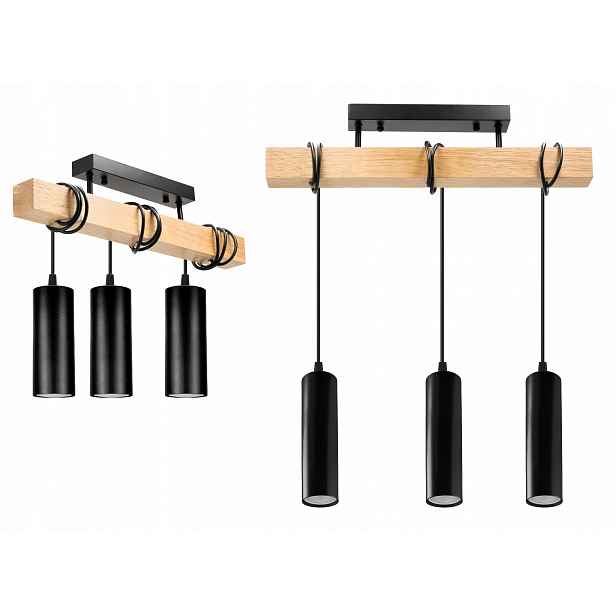 Dřevěná závěsná stropní lampa Lustr Zwis tuba 15 cm na 3x GU10