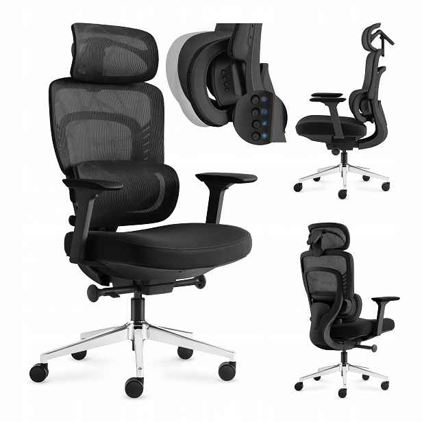 Kancelářské křeslo s masážním přístrojem Mark Adler černé, otočné, ergonomické, 136 kg