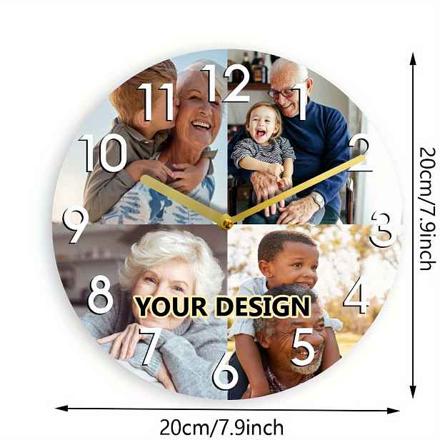 TEMU Personalizované nástěnné hodiny se čtyřmi fotografiemi a , s elegantními černými čísly a vlastním ciferníkem, zdobené dřevěnými potisky. Ideální
