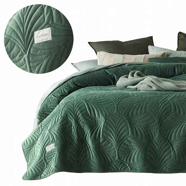 ROOM99 Velurová přikrývka na postel 170x210 lahvově zelená barva prošívaná Feel