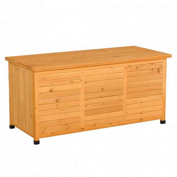 Modfu ZAHRADNÍ úložný box z dřeva 127x56x60 cm žlutý s voděodolnou úpravou, větráním a víkem na řetězech