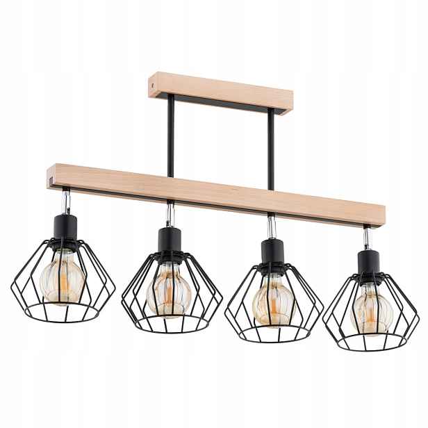 Stropní svítidlo dřevěná Pilar 4xE27 15W, černé stínítko, Alfa