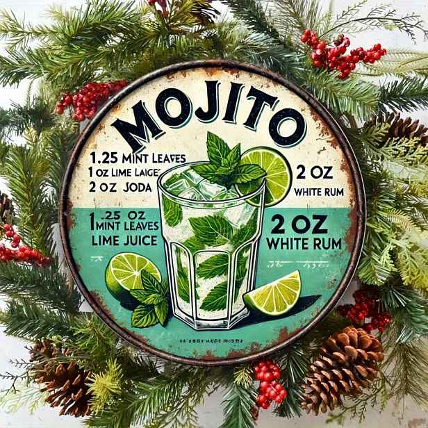 TEMU 2D plochá - 1 ks kovová nástěnná deska "Mosito Cocktail", kulatá kovová deska, předem perforovaná, vodotěsná, víceúčelová vnitřní/venkovní