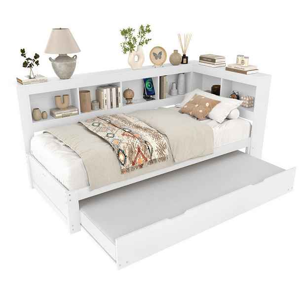 Redom DENNÍ postel 90/200 cm s výsuvným lůžkem, zásuvkou, 2 USB a úložnými přihrádkami z borovice a MDF, Bílá