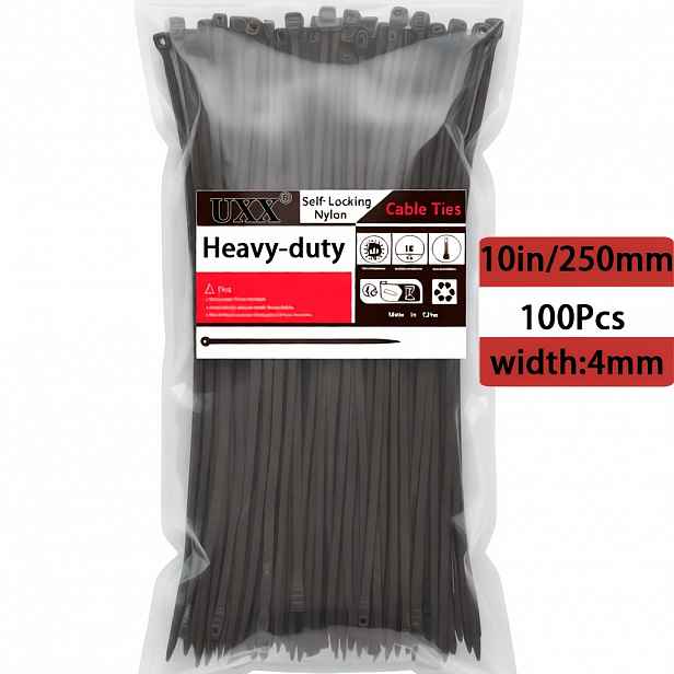 TEMU Sada 100 vysoce odolných nylonových stahovacích pásků, 250 mm x 4 mm, samosvorné černé zip pásky - pevnost v tahu 31,75 lb - ideální pro