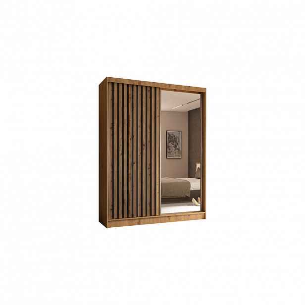 ALTDECOR ŠATNÍ SKŘÍŇ s zrcadlovými posuvnými dveřmi a hliníkovými lamelami – LAMELO – 160 cm Artisan+Artisan+černá