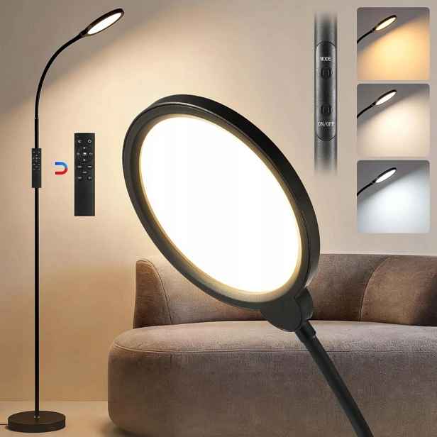 Led podlahová lampa 12W 650lm pro čtení, stmívatelná dálkovým ovládáním, 3 barvy, černá