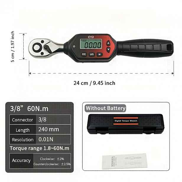 TEMU Digitální momentový klíč, momentový klíč 3/8 palce 1.8-60 N.M ráčnový klíč mechanický klíč vysoce přesný nastavitelný tester digitální displej