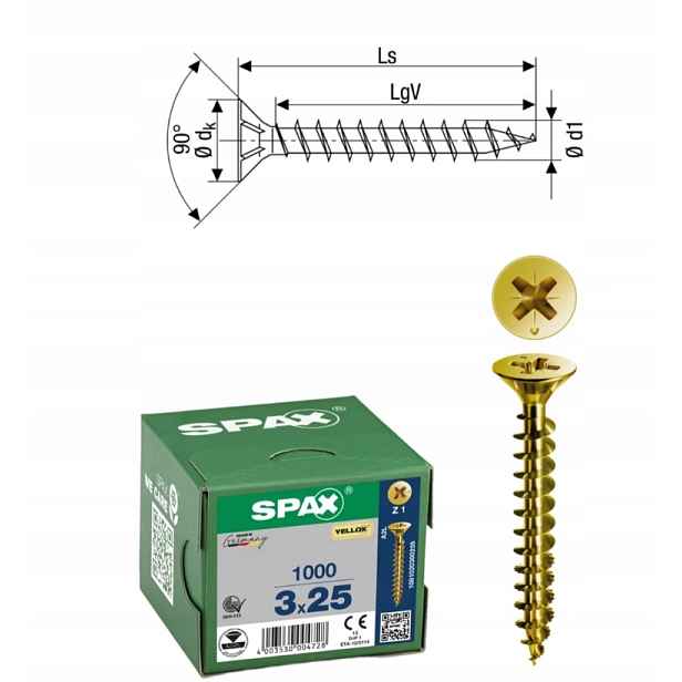 Univerzální šroub na dřevo (zlatý) Spax 3 x 25 Yello-x 1000 ks