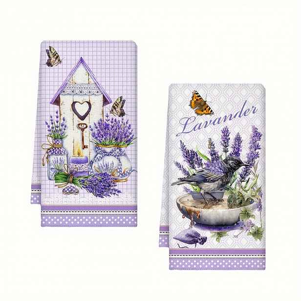 TEMU 2ks Levandulové Kuchyňské Uteráky, Super Savé Mikrovláknové Uteráky na Nádobí, Moderní Květinový & Ptáčí Design, Pratelné v Pračce, 45x70cm,