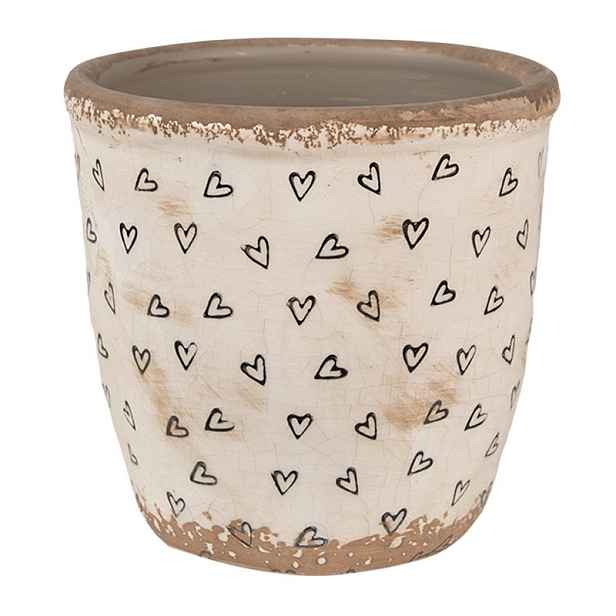 Béžový keramický obal na květináč se srdíčky Hearti M - Ø 14*13 cm Clayre & Eef