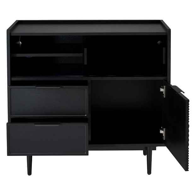 Redom SIDEBOARD 80 cm z MDF s LED světelným pásem, posuvnými skleněnými dvířky a otevřenými policemi, Černá