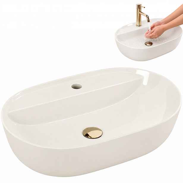 Umyvadlo na desku Rea Aura Béžová Ecru Oválná keramická 6 cm Otvor Baterie
