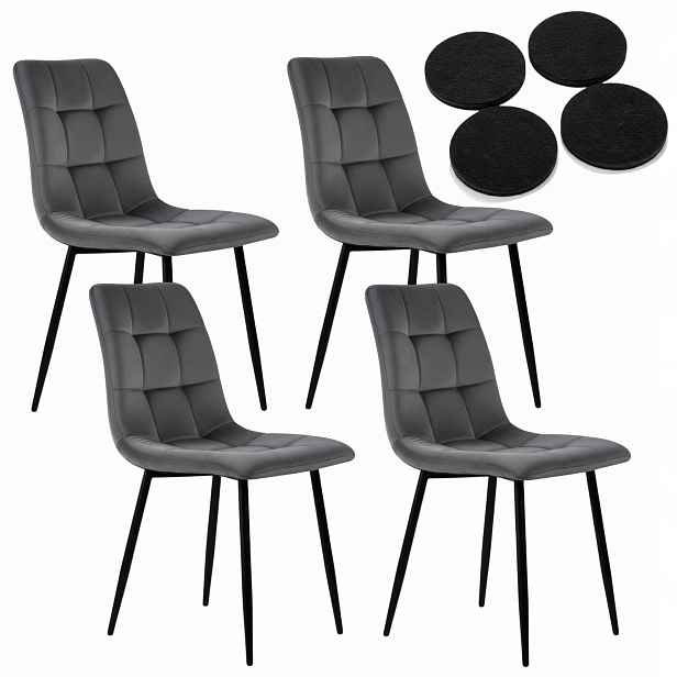 Velurové čalouněné křeslo Šedé židle Velvet Glamour do obývacího pokoje x4 ks