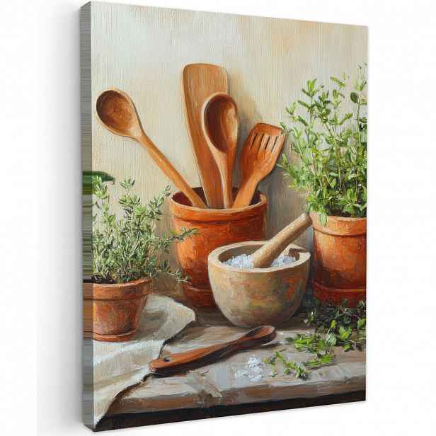 MuchoWow OBRAZ NA PLÁTNĚ Hrnce - Bylinky - Dřevo 60x80 cm