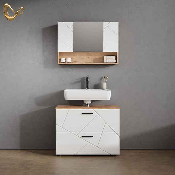 Livinity® KOUPELNOVÝ NÁBYTEK Ronco, Bílá vysoký lesk/Zlatý mocný dub, 2dílná