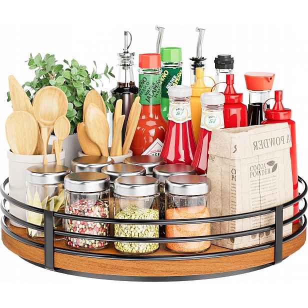 Ovicar 32 cm, otočný organizér Lazy Susan z dubového dřeva, barva ořech
