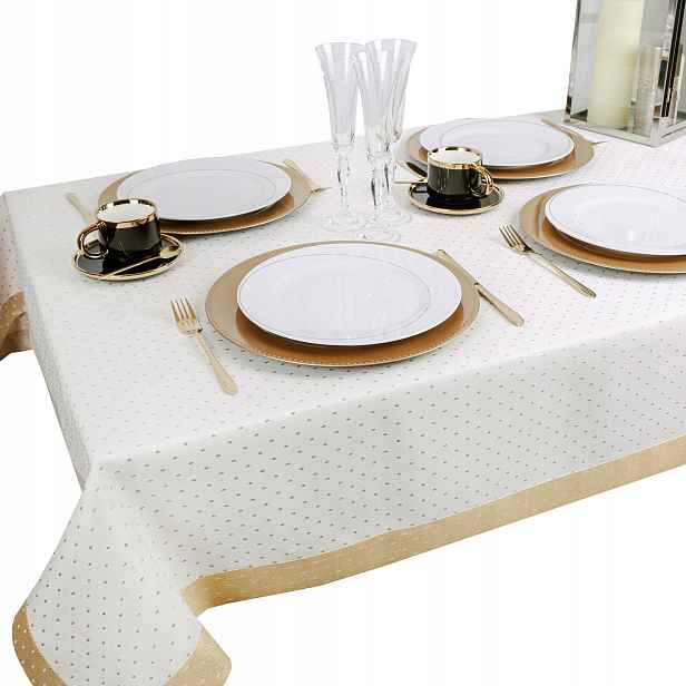 Dekorační ubrus Kropki Lux 180x140 bílý zlatý (Bílý ubrus se zlatými puntíky)