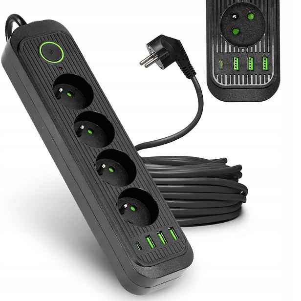 Prodlužovací Kabel 4 zásuvky 5 m Zásuvková Lišta černý 4x Usb S Vypínačem