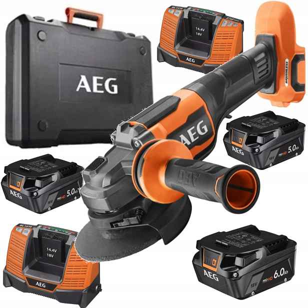Aeg Úhlová Bruska 18V+2xAkumulátor5.0 Ah+2x Nabíječka+Akumulátor 6.0 Ah