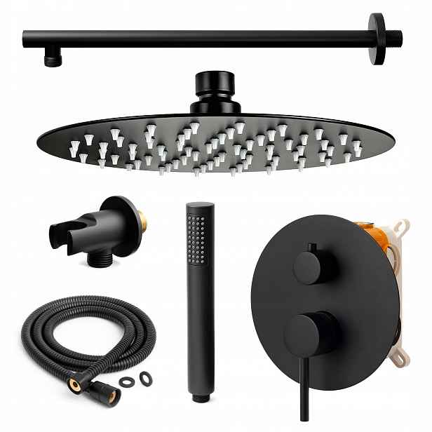 Černý podomítkový sprchový set s dešťovou sprchou 20 cm Podomítkový
