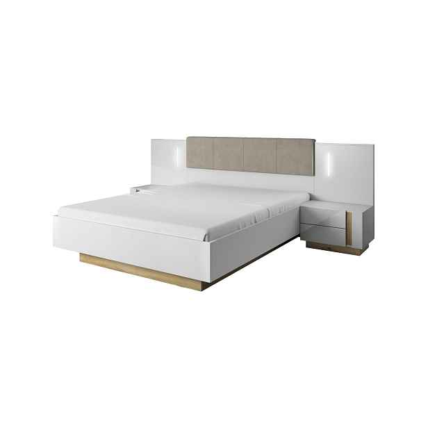 Sestava Arco N+O – postel 160×200 s úložným prostorem a kovovým roštem + noční stolky s LED osvětlením, bílý lesk/dub grandson