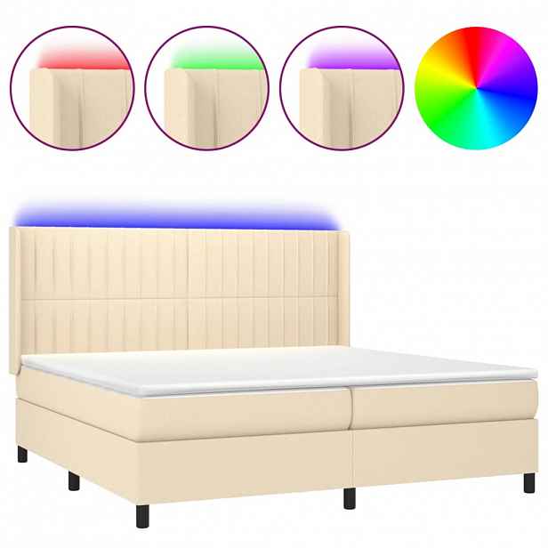 vidaXL Box spring postel s matrací a LED krémová 200x200 cm textil