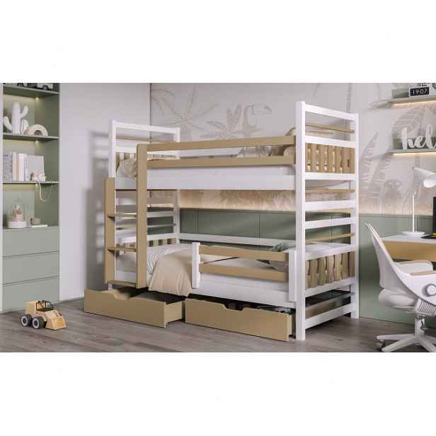 Dětská patrová postel s úložným prostorem 80x200 SEGNORA - bílá / cappuccino, levé provedení