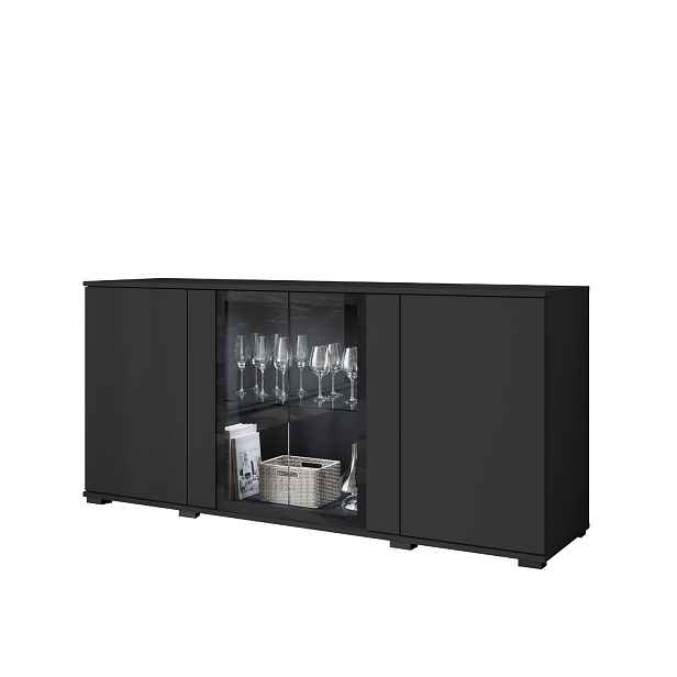 Černá komoda s vitrínou LED Caro