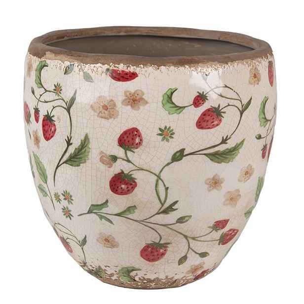 Béžový keramický obal na květináč s jahůdkami Wild Strawberries L - Ø 18*18cm Clayre & Eef