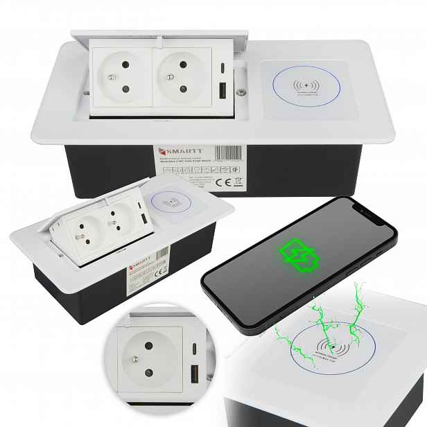 Zásuvka Na Desku Schovaná Do Pracovní Desky 2X Usb 2X 230 V Indukční Nabíječka Bílá