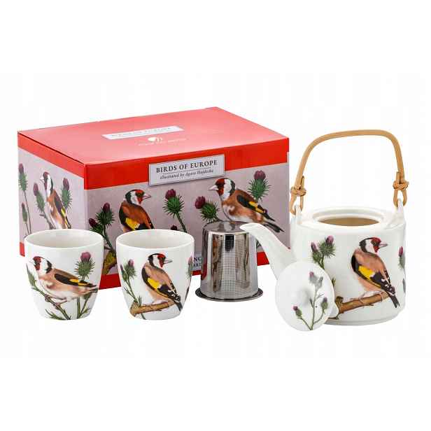 Porcelánový džbán 600 ml sítko 2 šálky 150 ml špejle Polské Ptáci