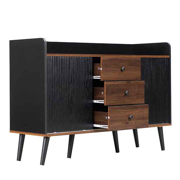 Redom SIDEBOARD 117,5/40/80 cm s posuvnými dveřmi, 3 zásuvkami a úložnými policemi, Černá a dekor dřeva