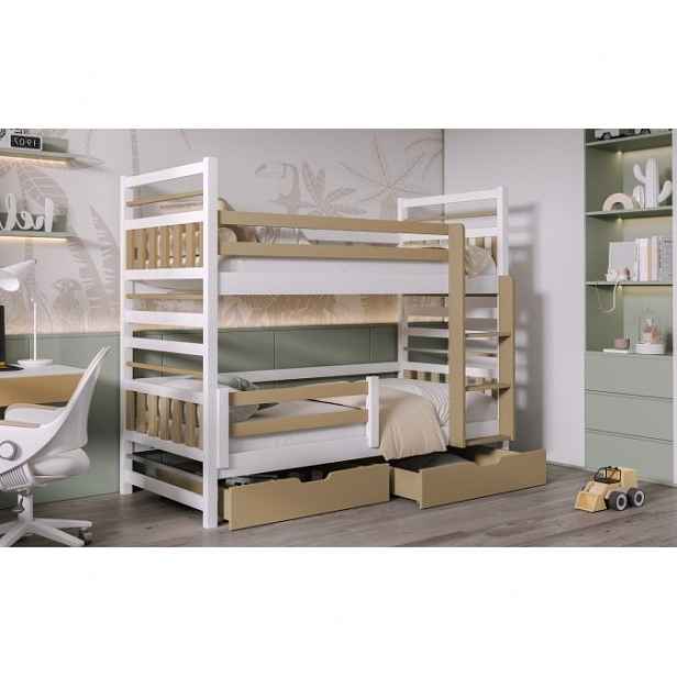 Dětská patrová postel s úložným prostorem 90x200 SEGNORA - bílá / cappuccino, pravé provedení