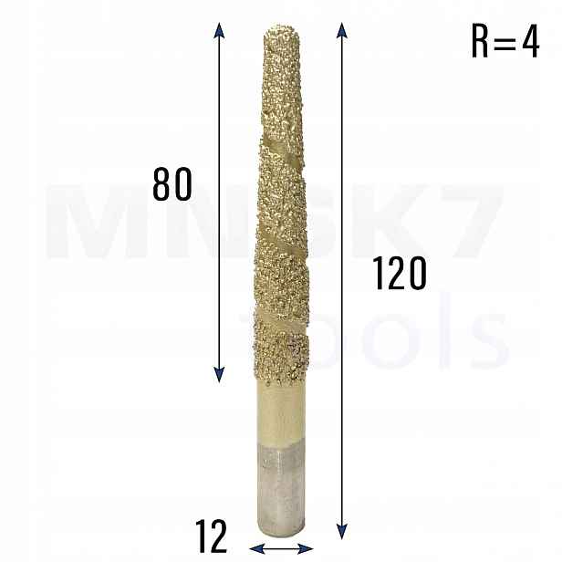Diamantová fréza kuželová pro 3D granit R 4 12 × 80 × 120 Cnc