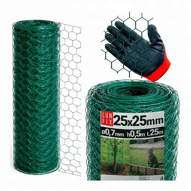 Hexagonální síť 50 cm kovová na balkon pro kočky 25x25 mm zelená 25 m
