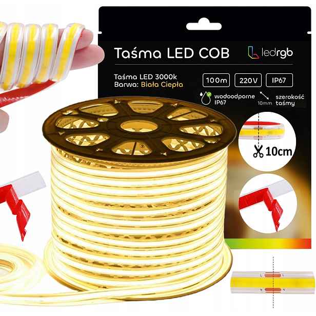 Led Páska Cob 100 m 230 V Bílá Teplá 3000K Řezaná Každých 10 CM Bez Napájecího Zdroje IP67