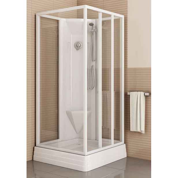 Ravak Supernova - Rohový sprchový box s pevnou stěnou ASBP3, 91x91 cm - barva bílá, sklo grape (4 díly) 83677112ZG