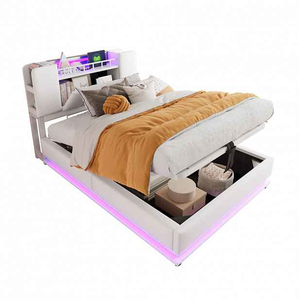 Redom ČALOUNĚNÁ postel 90/200 cm s LED osvětlením, USB portem a hydraulickým úložným prostorem, Béžová