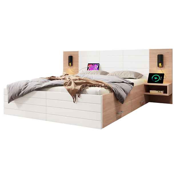 STILVORA POSTELOVÁ SESTAVA 140 × 200 cm, bílá a dubová, 2 zásuvky, lampička, USB, masivní dřevo a MDF